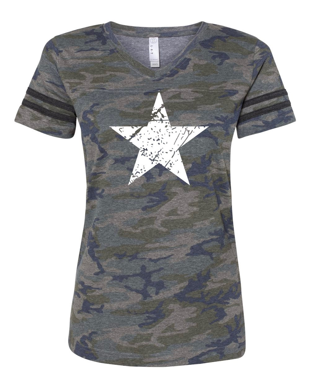Camo Distressed Star V Neck