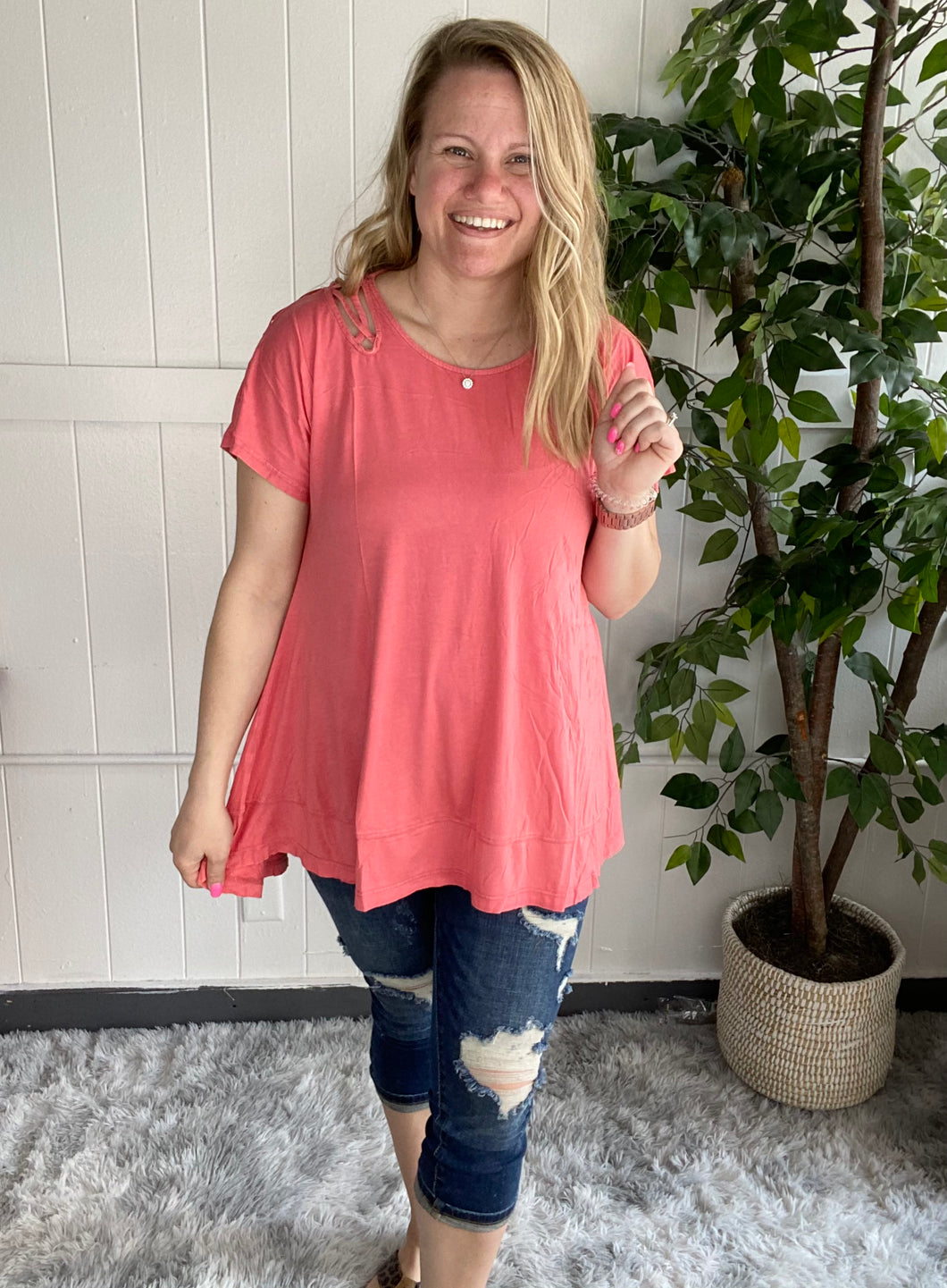 Lattice Cold Shoulder Top