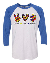 Load image into Gallery viewer, Peace Love Autism Baseball Tee
